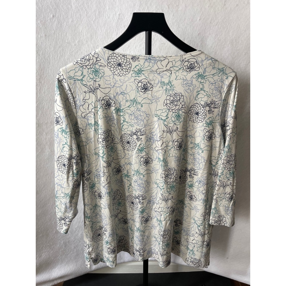 LL Bean Womens 1X Plus White Floral Supima Cotton 3/4 Sleeve Split Neck Top - Picture 2 of 6